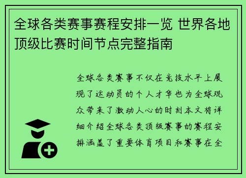 全球各类赛事赛程安排一览 世界各地顶级比赛时间节点完整指南